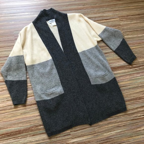 Lambswool & Angora Wool Open Front Cardigan Sweater with Pockets Grey Colorblock - Picture 5 of 6